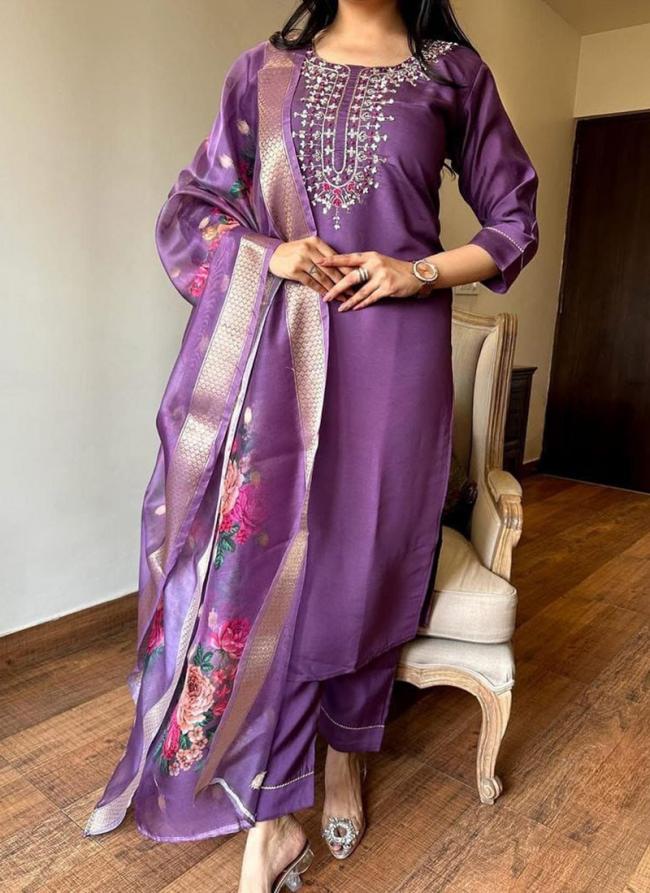 Viscose Chanderi Purple Festival Wear Embroidery Work Readymade Suit